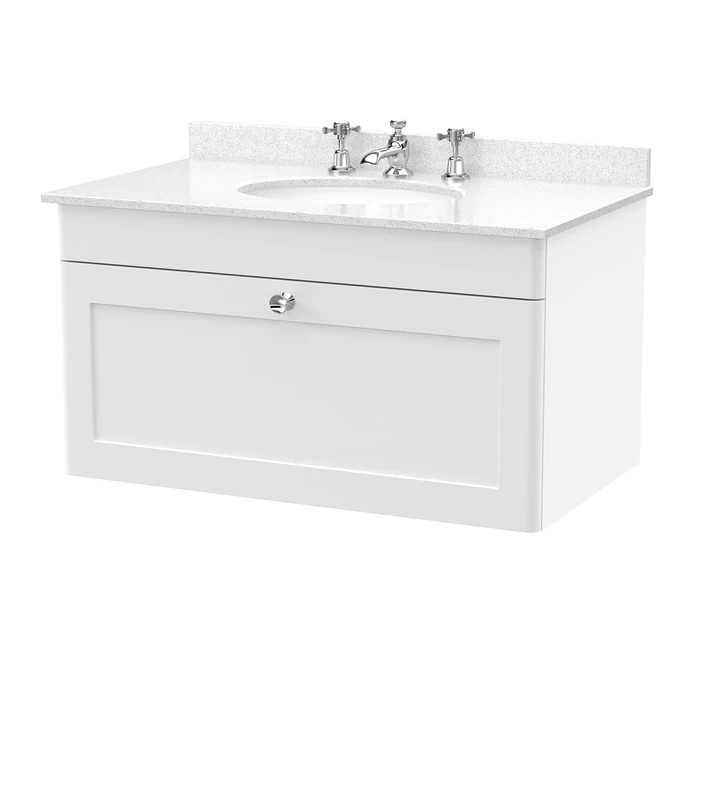 nuie CLC196WR3 Classique Wall Hung 1 Drawer Unit & 3 Tap Hole Marble Worktop with Round Basin, 800mm, Satin White