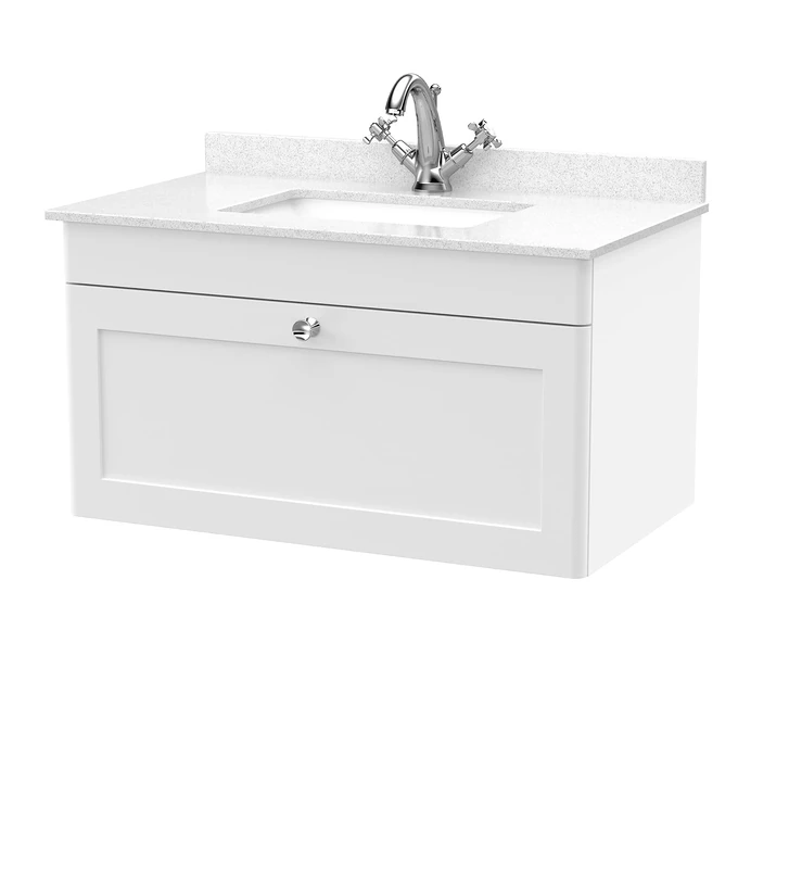 nuie CLC196WS1 Classique Wall Hung 1 Drawer Unit & 1 Tap Hole Marble Worktop with Square Basin, 800mm, Satin White
