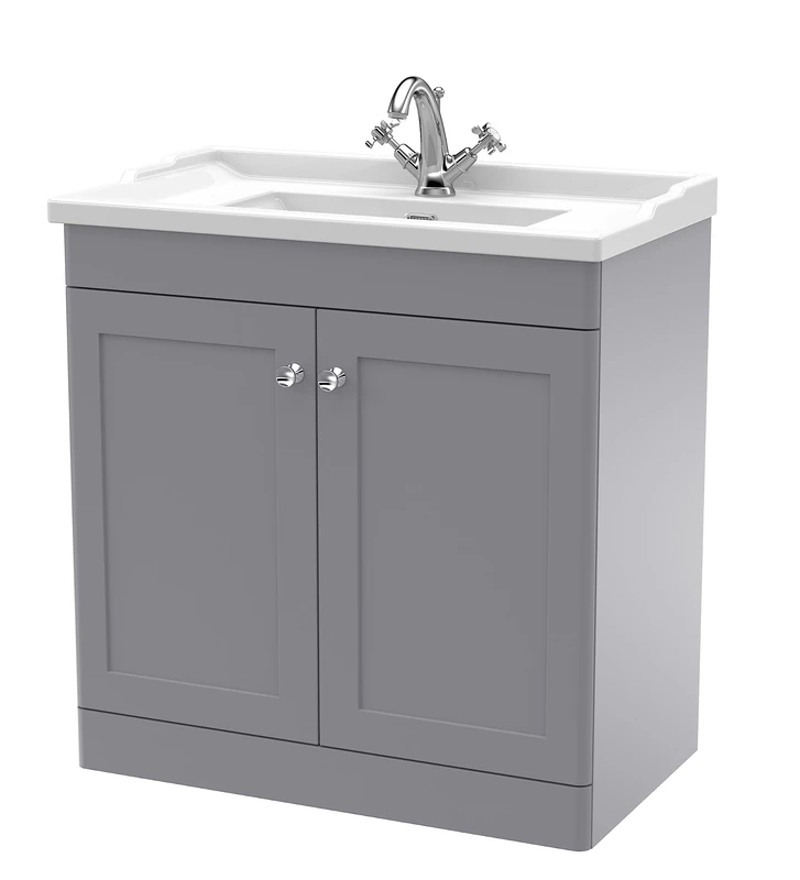 nuie CLC226F Classique Floor Standing 2 Door Vanity Unit & 1 Tap Hole Ceramic Basin, 800mm, Satin Grey