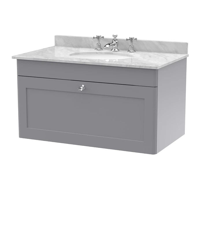 nuie CLC296GR3 Classique Wall Hung 1 Drawer Unit & 3 Tap Hole Marble Worktop with Round Basin, 800mm, Satin Grey