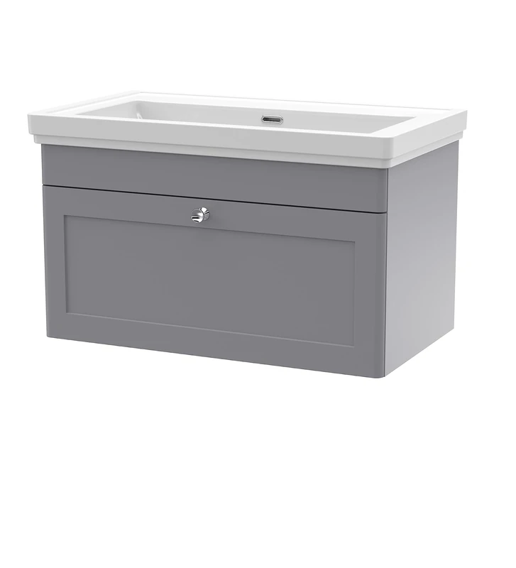 nuie CLC296H Classique Wall Hung 1 Drawer Vanity Unit & 0 Tap Hole Fireclay Basin, 800mm, Satin Grey