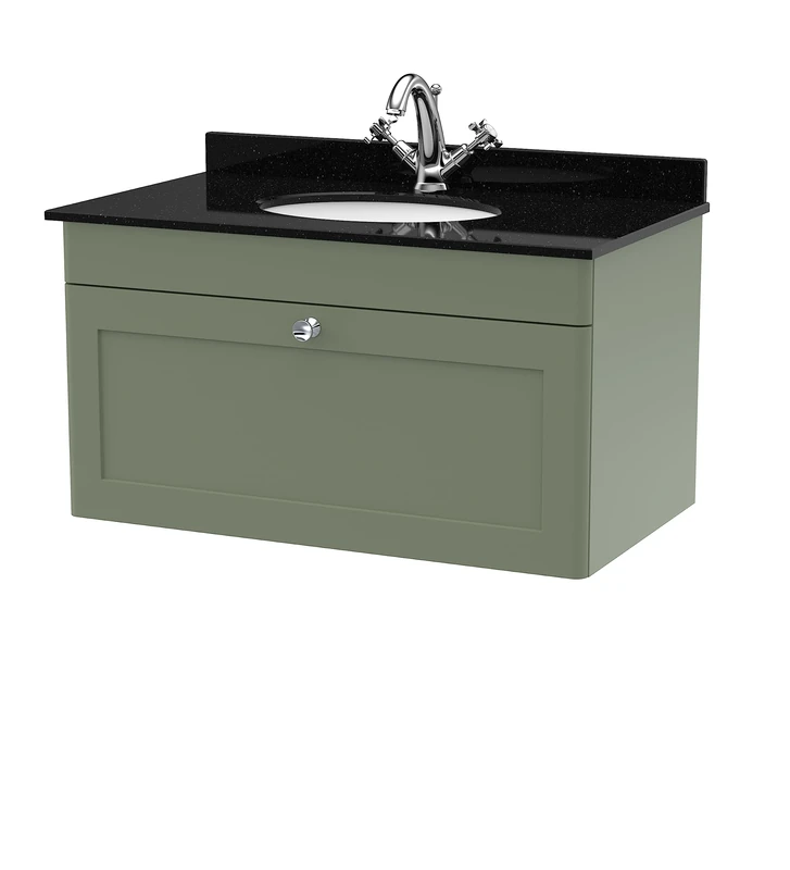 nuie CLC896BR1 Classique Wall Hung 1 Drawer Unit & 1 Tap Hole Marble Worktop with Round Basin, 800mm, Satin Green/Black