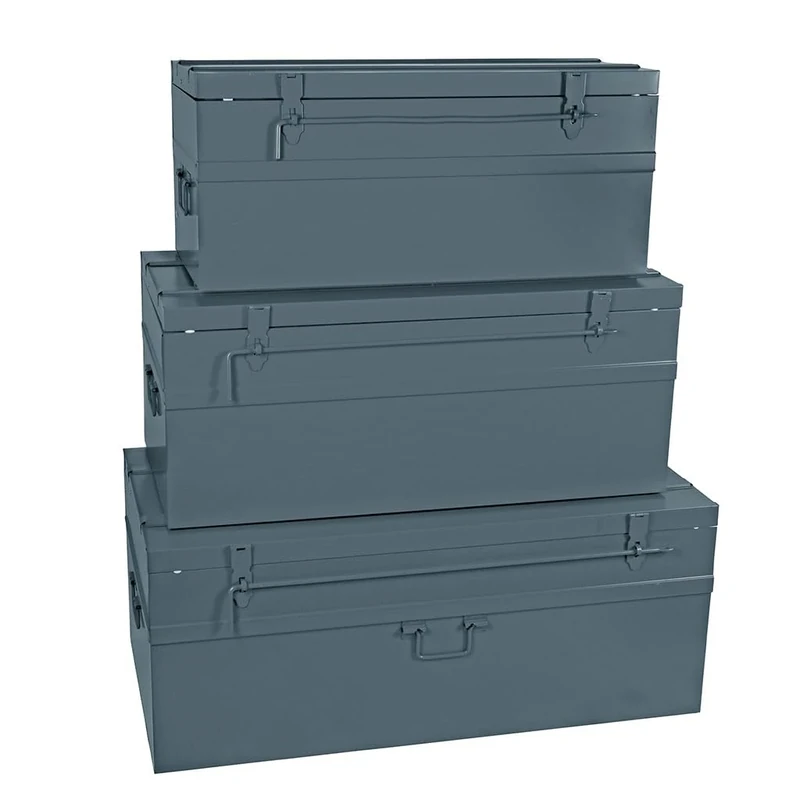 COGEX - Metal trunks - Set of 3 - Lockable trunks - Colour: Grey - 1 trunk 70 litres 700 x 330 x 310 mm + 1 trunk 100 litres 800 x 390 x 340 mm + 1 trunk 150 mm. 35.4 litres 33 x 450 x 370 mm
