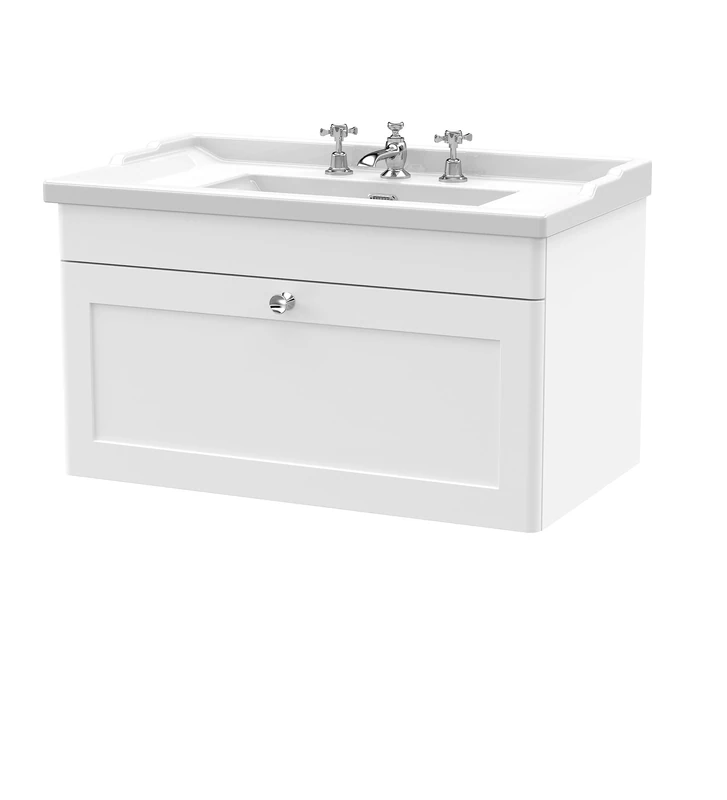 nuie CLC196G Classique Wall Hung 1 Drawer Vanity Unit & 3 Tap Hole Ceramic Basin, 800mm, Satin White