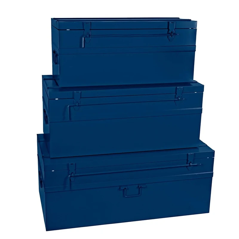 Cogex - Metal trunks - Set of 3 - Lockable trunks - Colour: Blue - 1 trunk 70 litres 700 x 330 x 310 mm + 1 trunk 100 litres 800 x 390 x 340 mm + 1 trunk 150 mm. 35.4 litres 33 x 450 x 370 mm