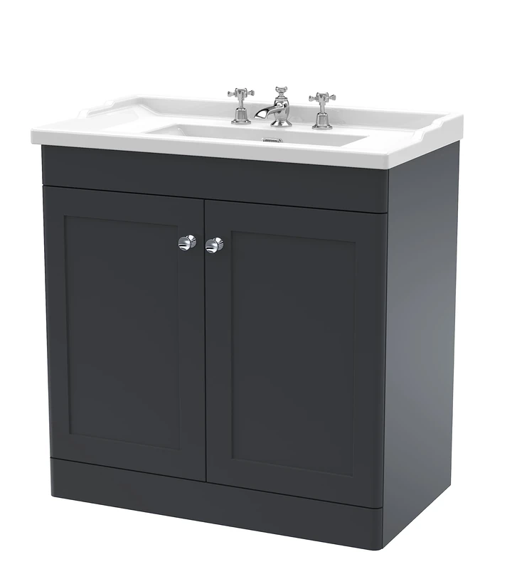 nuie CLC1426G Classique Floor Standing 2 Door Vanity Unit & 3 Tap Hole Ceramic Basin, 800mm, Satin Anthracite, Soft Black