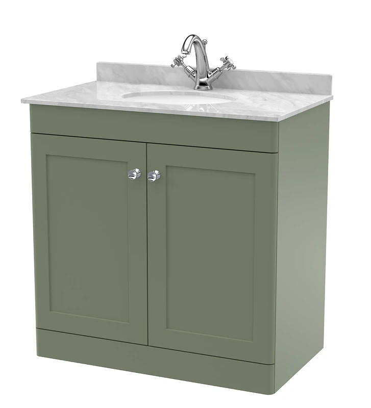 nuie Floor Standing 2 Door Unit & 1 Tap Hole Marble Worktop with Round Basin, 800mm, Satin Green/Grey