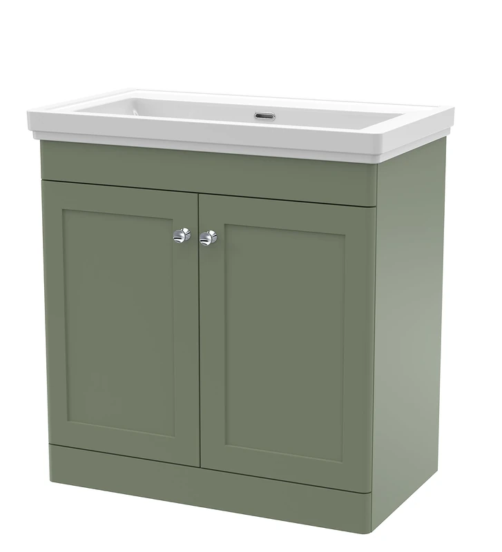 nuie CLC826H Classique Floor Standing 2 Door Vanity Unit & 0 Tap Hole Fireclay Basin, 800mm, Satin Green