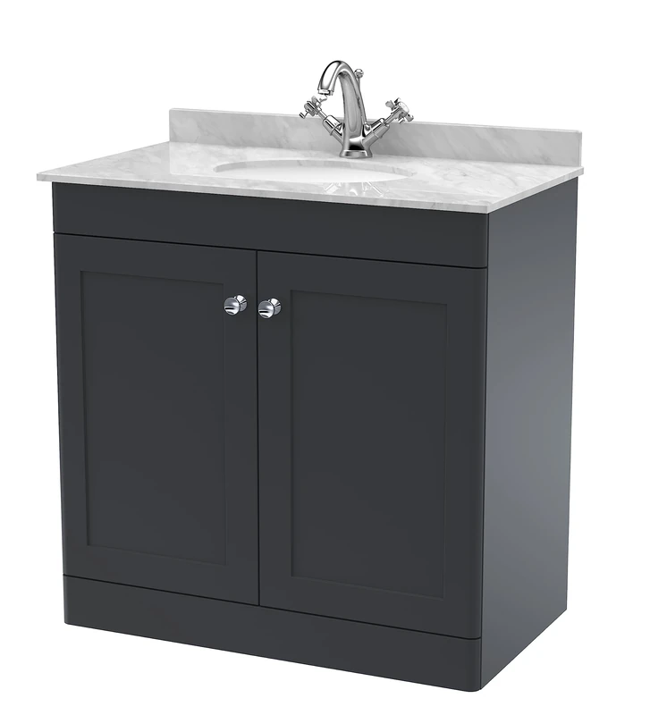 nuie Floor Standing 2 Door Unit & 1 Tap Hole Marble Worktop with Round Basin, 800mm, Satin Anthracite/Grey, Soft Black