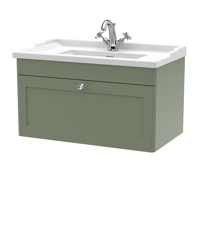 nuie CLC896F Classique Wall Hung 1 Drawer Vanity Unit & 1 Tap Hole Ceramic Basin, 800mm, Satin Green