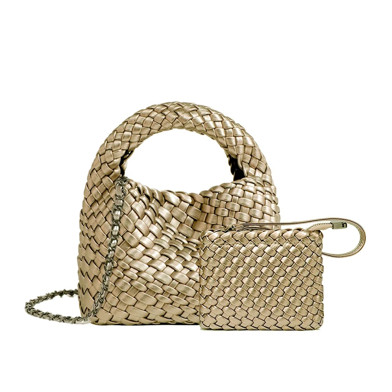 JINMANXUE Fashion Handbag For Women, Woven Tote Bag Bucket Composite Bag Knitting Chain Bag, Crossbody Shoulder Bag Purses, Golden