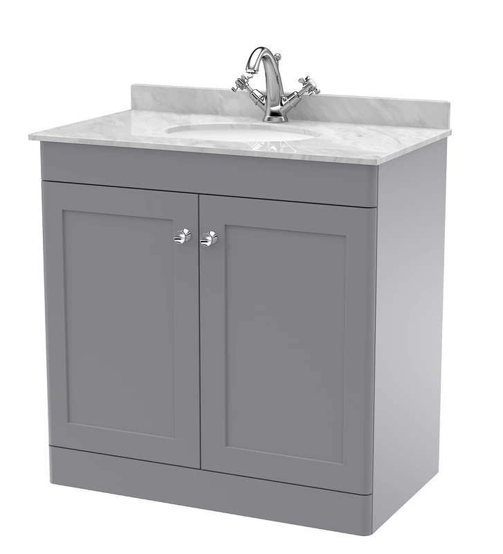 nuie CLC226GR1 Classique Floor Standing 2 Door Unit & 1 Tap Hole Marble Worktop with Round Basin, 800mm, Satin Grey