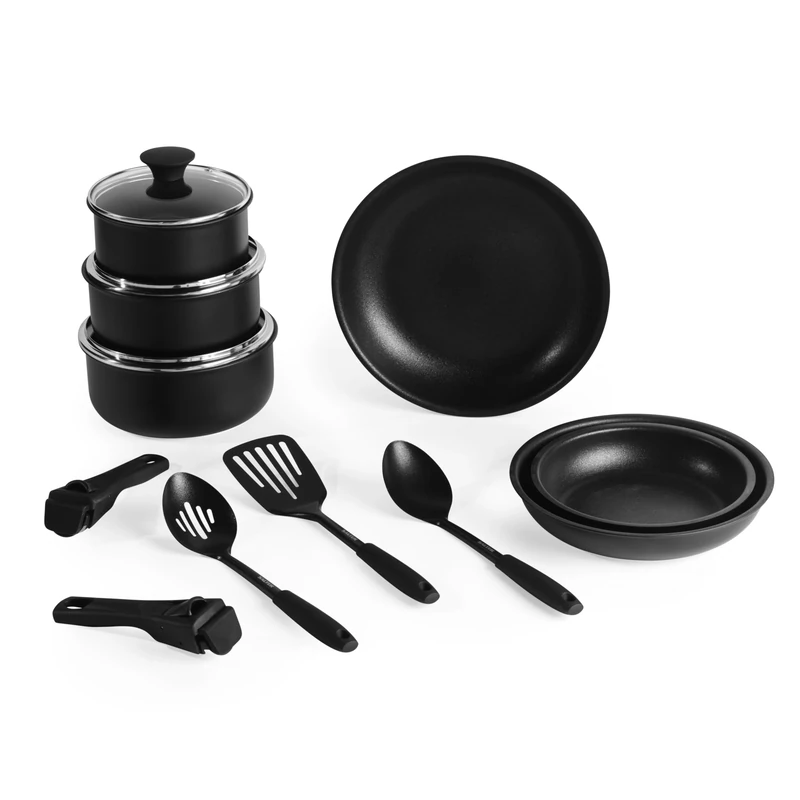 Salter BW12055IS 14-Piece Clip & Cook Pan Set – Non-Stick Cooking Pots, Oven Safe, Induction Suitable Frying Pans, Saucepans, 2 Removable Handles, Cooking Utensils, Compact, Stackable, Easy to Clean