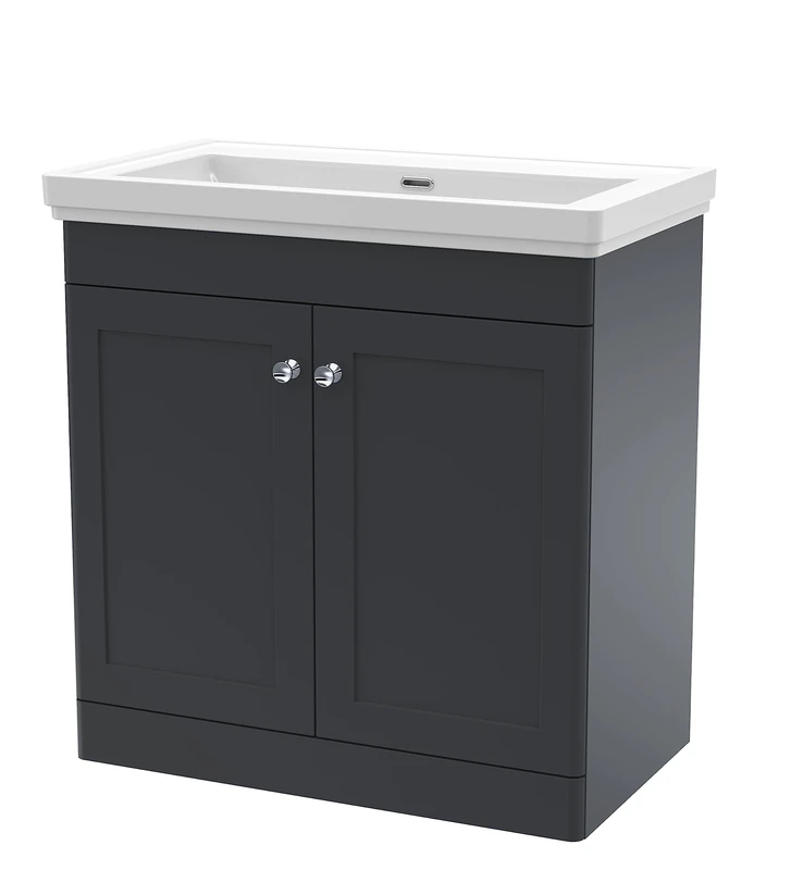 nuie CLC1426H Classique Traditional Bathroom Floor Standing 2 Door Vanity Unit & 0 Tap Hole Fireclay Basin, 800mm, Soft Black