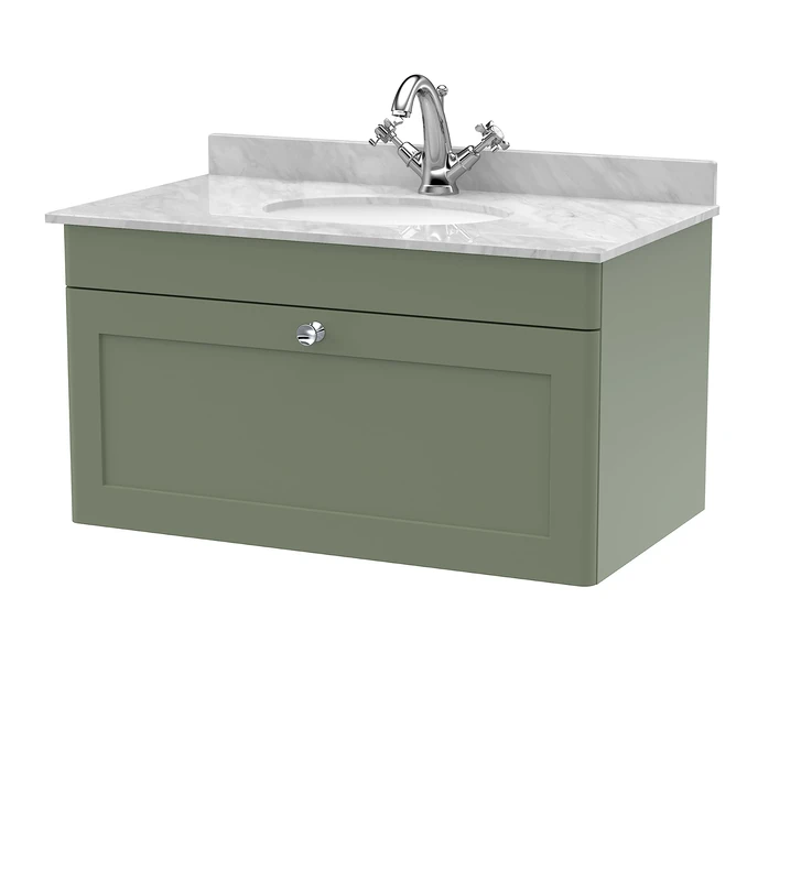 nuie CLC896GR1 Classique Wall Hung 1 Drawer Unit & 1 Tap Hole Marble Worktop with Round Basin, 800mm, Satin Green/Grey