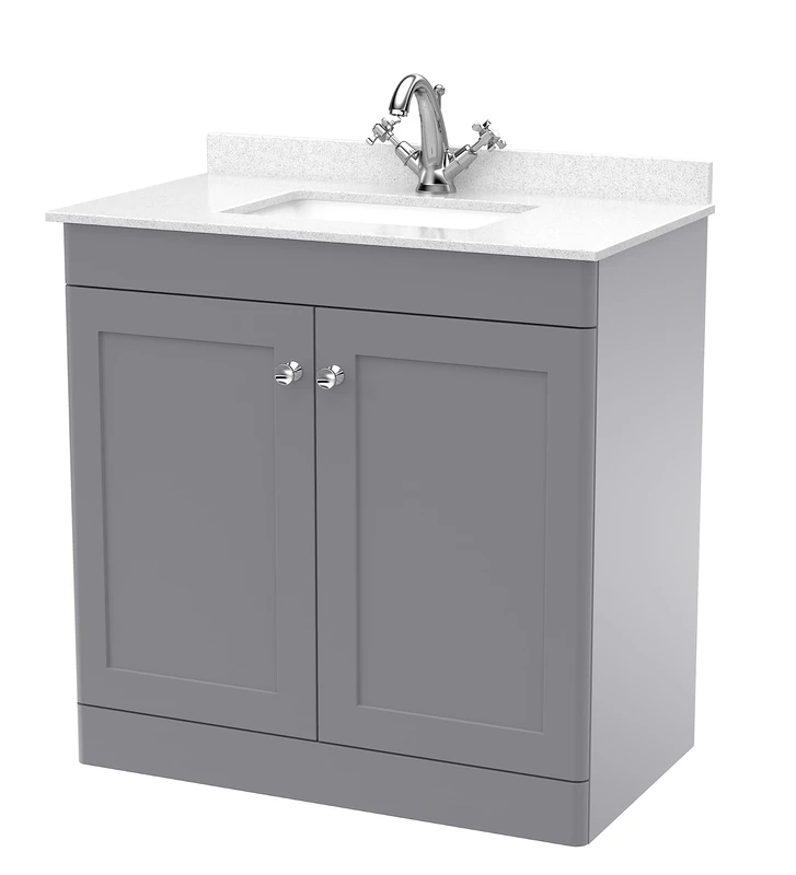 nuie Floor Standing 2 Door Unit & 1 Tap Hole Marble Worktop with Square Basin, 800mm, Satin Grey/White