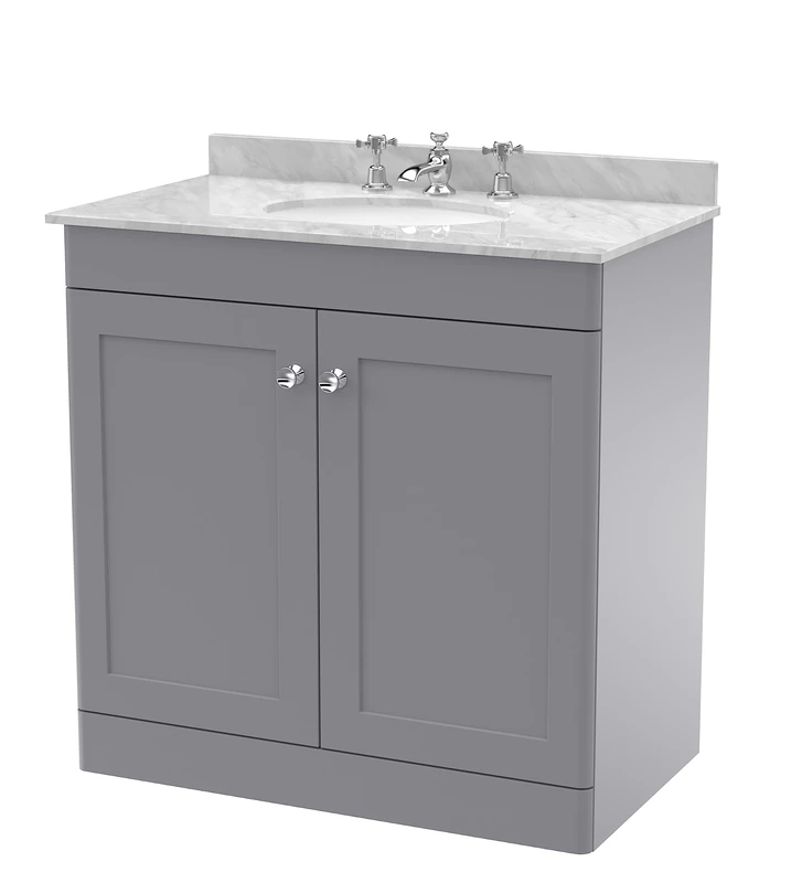 nuie CLC226GR3 Classique Floor Standing 2 Door Unit & 3 Tap Hole Marble Worktop with Round Basin, 800mm, Satin Grey