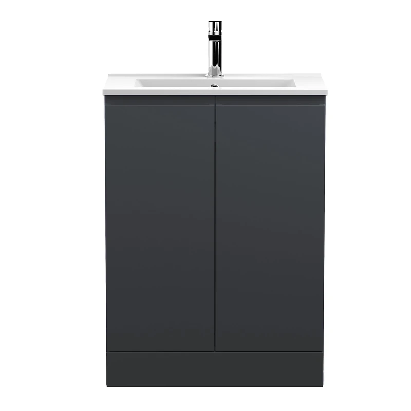 Hudson Reed URB1408B Urban Modern Bathroom Floor Standing 2 Door Bathroom Vanity Unit & Minimalist Ceramic Basin, 600mm, Soft Black