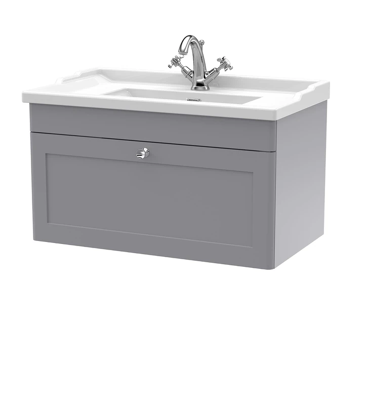 nuie CLC296F Classique Wall Hung 1 Drawer Vanity Unit & 1 Tap Hole Ceramic Basin, 800mm, Satin Grey