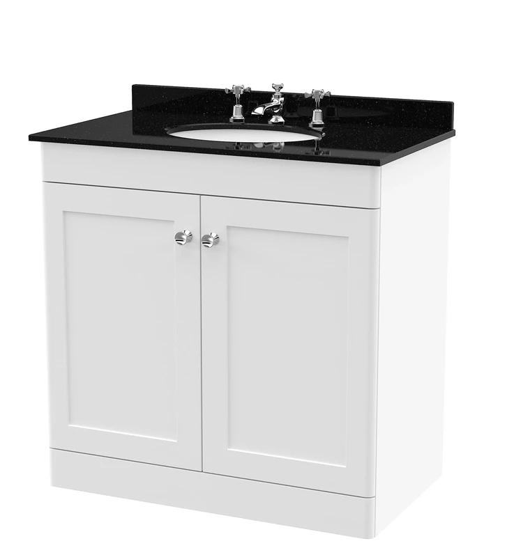 nuie CLC126BR3 Classique Floor Standing 2 Door Unit & 3 Tap Hole Marble Worktop with Round Basin, 800mm, Satin White/Black