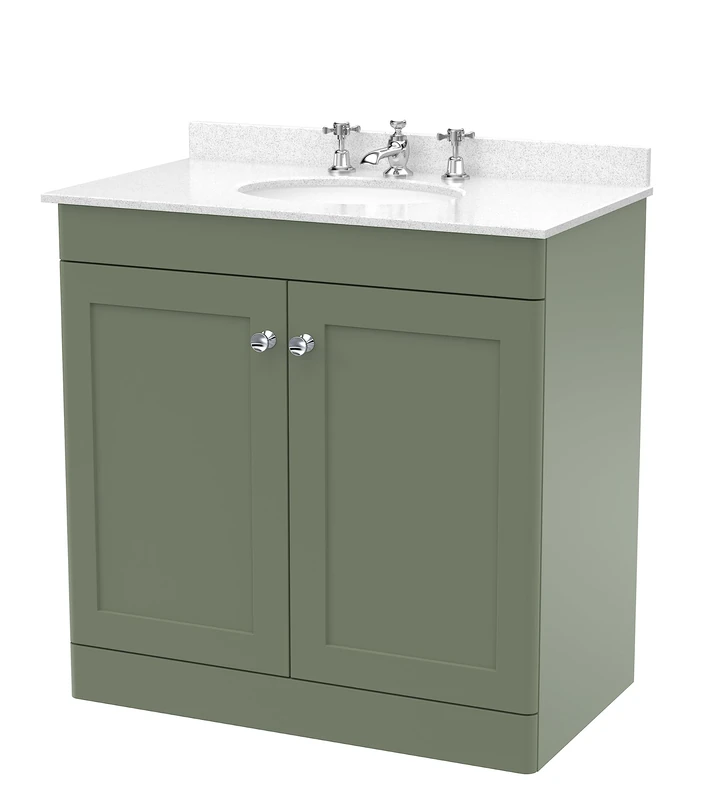 nuie Floor Standing 2 Door Unit & 3 Tap Hole Marble Worktop with Round Basin, 800mm, Satin Green/White