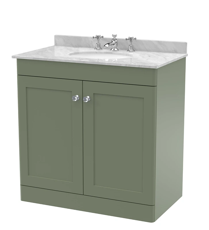 nuie Floor Standing 2 Door Unit & 3 Tap Hole Marble Worktop with Round Basin, 800mm, Satin Green/Grey