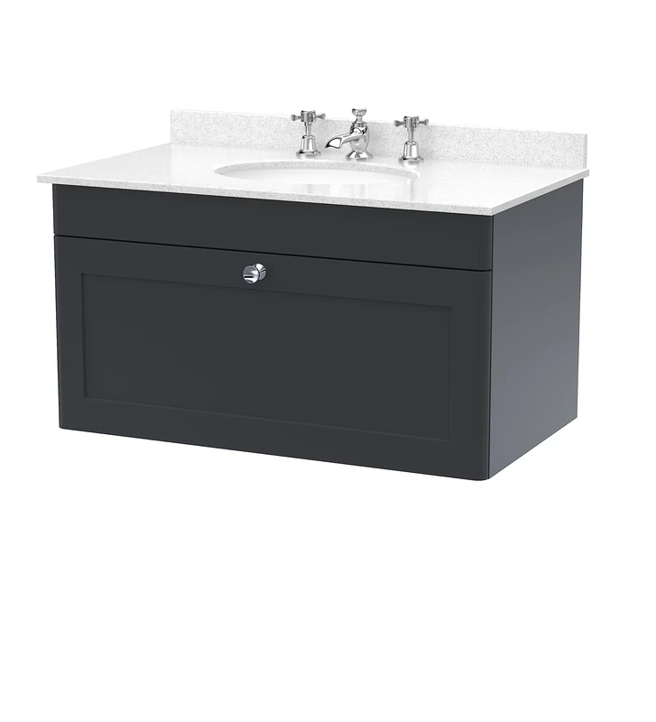 nuie CLC1496WR3 Classique Wall Hung 1 Drawer Unit & 3 Tap Hole Marble Worktop with Round Basin, 800mm, Satin Anthracite/White, Soft Black