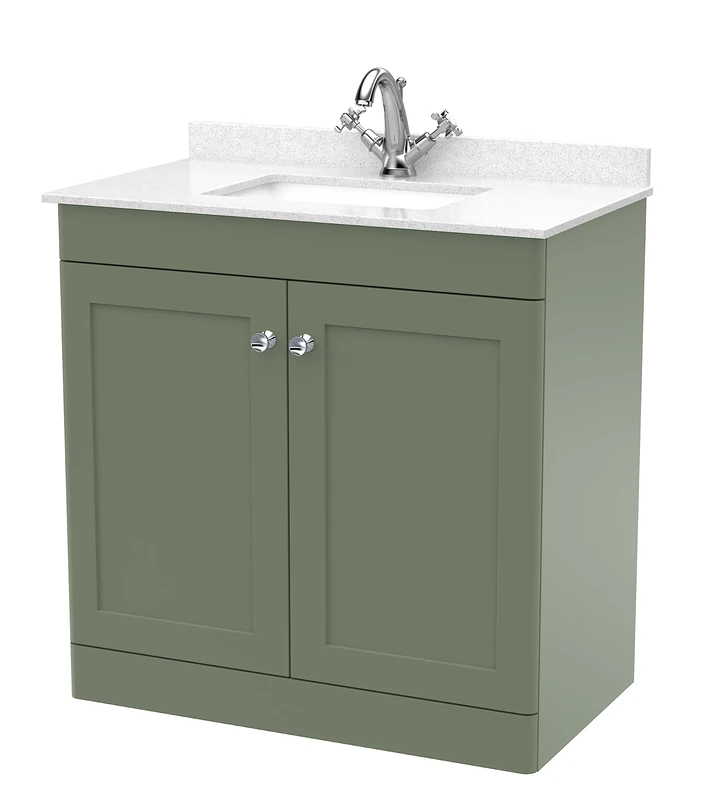 nuie Floor Standing 2 Door Unit & 1 Tap Hole Marble Worktop with Square Basin, 800mm, Satin Green/White