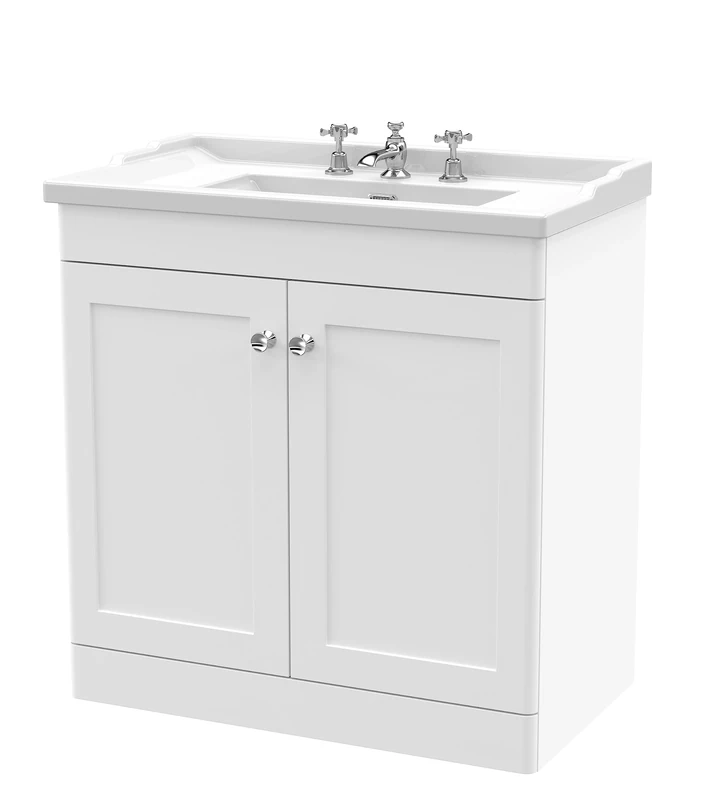 nuie CLC126G Classique Floor Standing 2 Door Vanity Unit & 3 Tap Hole Ceramic Basin, 800mm, Satin White