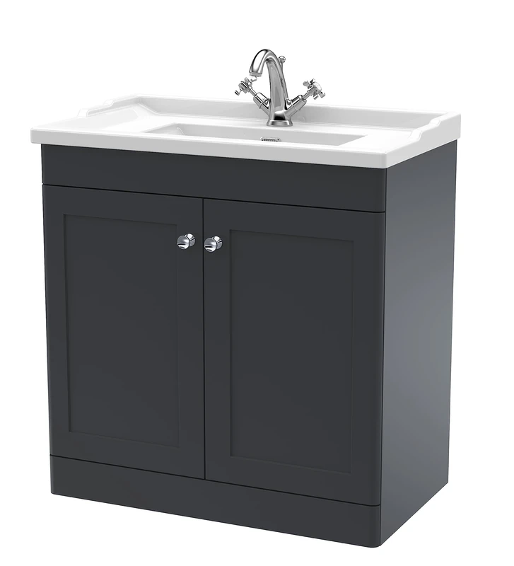 nuie CLC1426F Classique Floor Standing 2 Door Vanity Unit & 1 Tap Hole Ceramic Basin, 800mm, Satin Anthracite, Soft Black