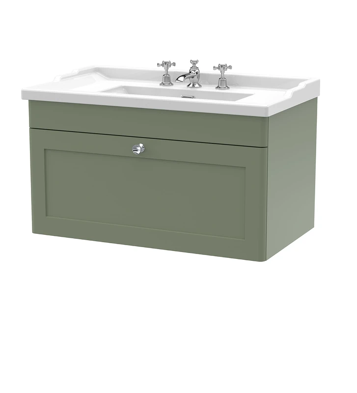 nuie CLC896G Classique Wall Hung 1 Drawer Vanity Unit & 3 Tap Hole Ceramic Basin, 800mm, Satin Green