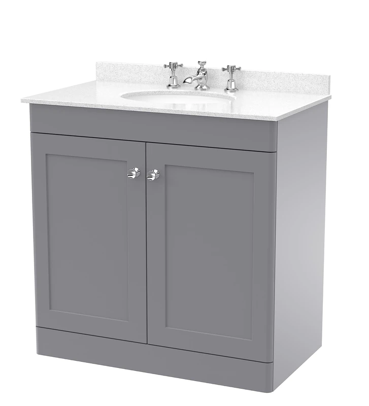 nuie Floor Standing 2 Door Unit & 3 Tap Hole Marble Worktop with Round Basin, 800mm, Satin Grey/White