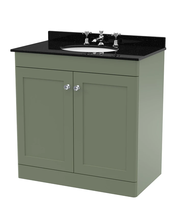 nuie CLC826BR3 Classique Floor Standing 2 Door Unit & 3 Tap Hole Marble Worktop with Round Basin, 800mm, Satin Green/Black