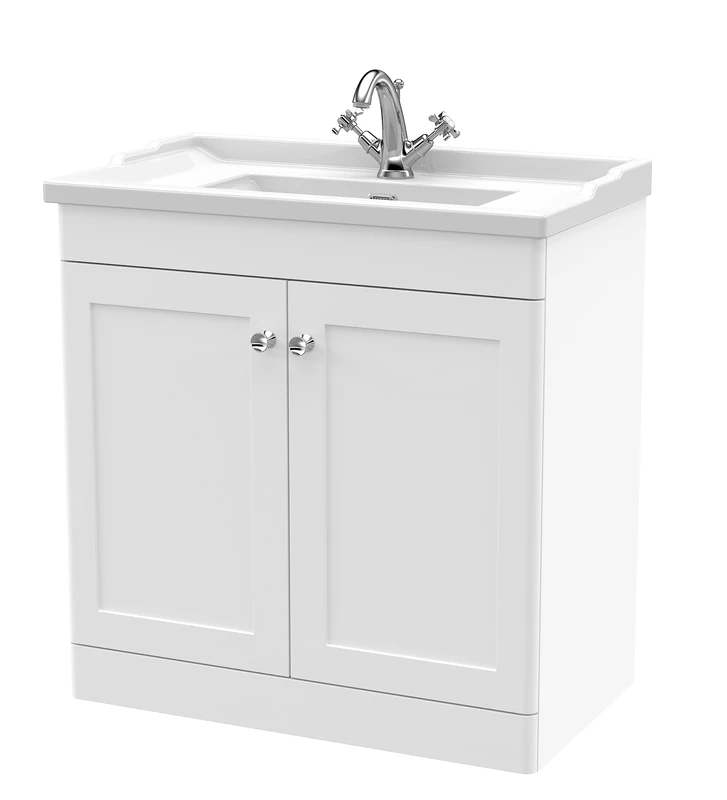 nuie CLC126F Classique Floor Standing 2 Door Vanity Unit & 1 Tap Hole Ceramic Basin, 800mm, Satin White