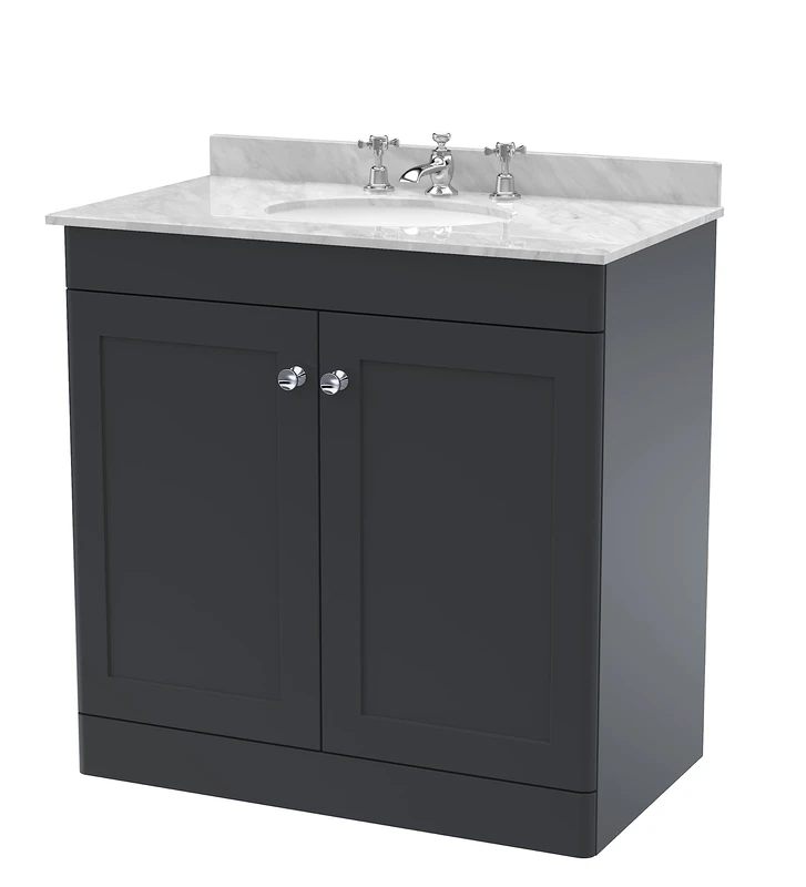 nuie Floor Standing 2 Door Unit & 3 Tap Hole Marble Worktop with Round Basin, 800mm, Satin Anthracite/Grey, Soft Black - Image 1