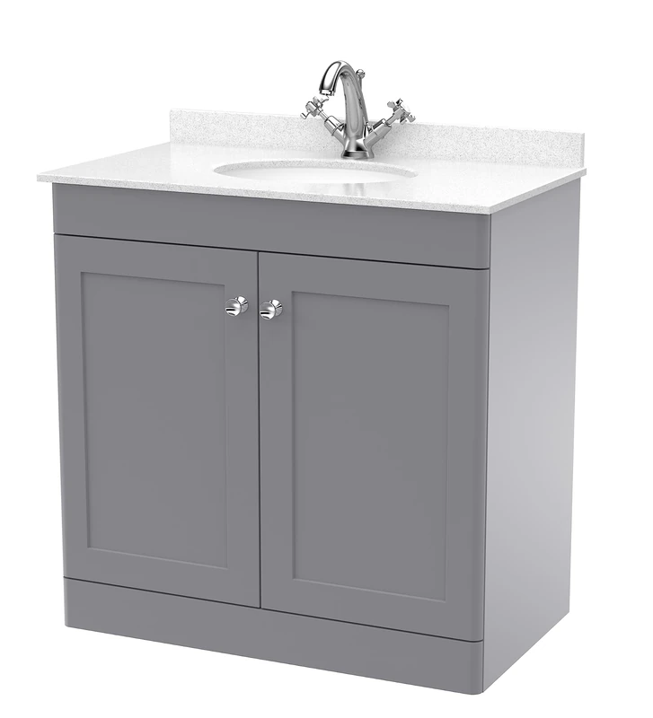 nuie Floor Standing 2 Door Unit & 1 Tap Hole Marble Worktop with Round Basin, 800mm, Satin Grey/White