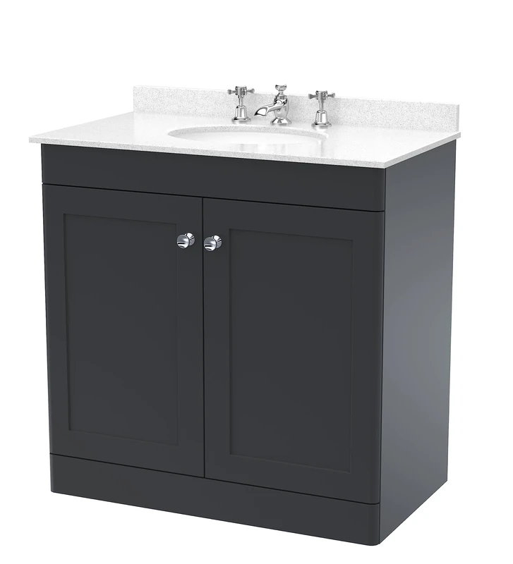 nuie CLC1426WR3 Classique Floor Standing 2 Door Unit & 3 Tap Hole Marble Worktop with Round Basin, 800mm, Satin Anthracite/White, Soft Black