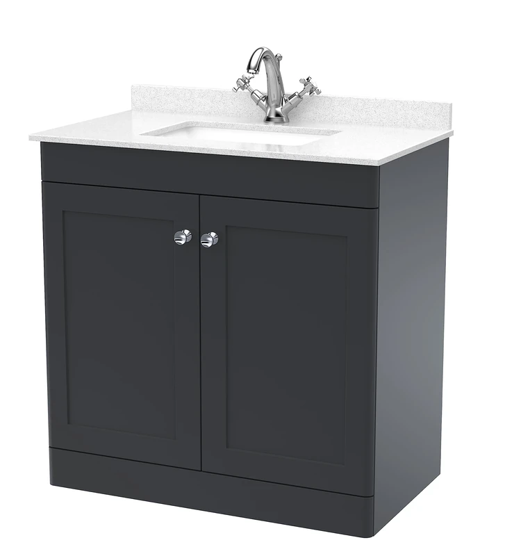 nuie CLC1426WS1 Classique Floor Standing 2 Door Unit & 1 Tap Hole Marble Worktop with Square Basin, 800mm, Satin Anthracite/White, Soft Black