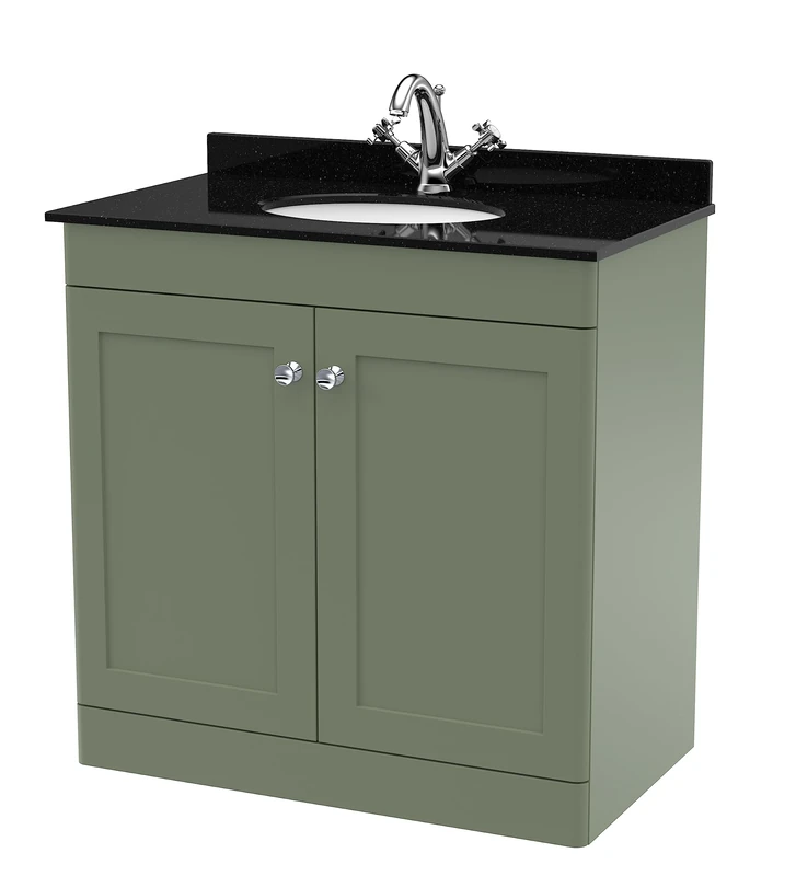 nuie CLC826BR1 Classique Floor Standing 2 Door Unit & 1 Tap Hole Marble Worktop with Round Basin, 800mm, Satin Green/Black