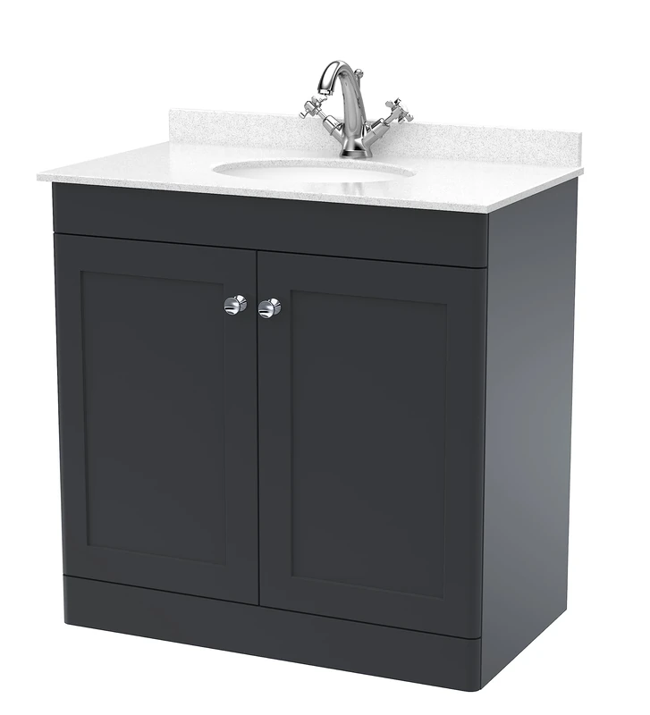 nuie Floor Standing 2 Door Unit & 1 Tap Hole Marble Worktop with Round Basin, 800mm, Satin Anthracite/White, Soft Black