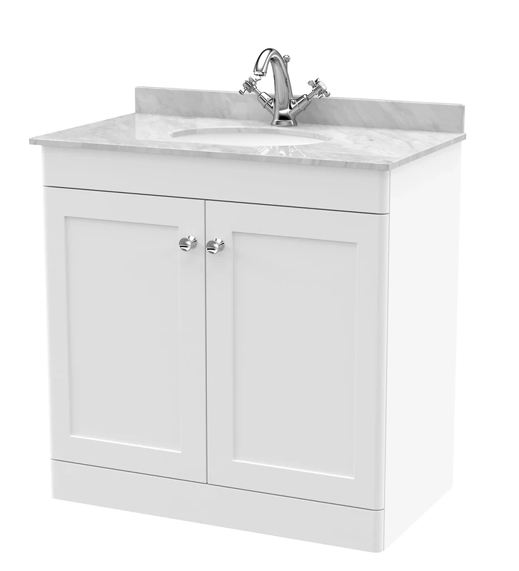 nuie CLC126GR1 Classique Floor Standing 2 Door Unit & 1 Tap Hole Marble Worktop with Round Basin, 800mm, Satin White/Grey