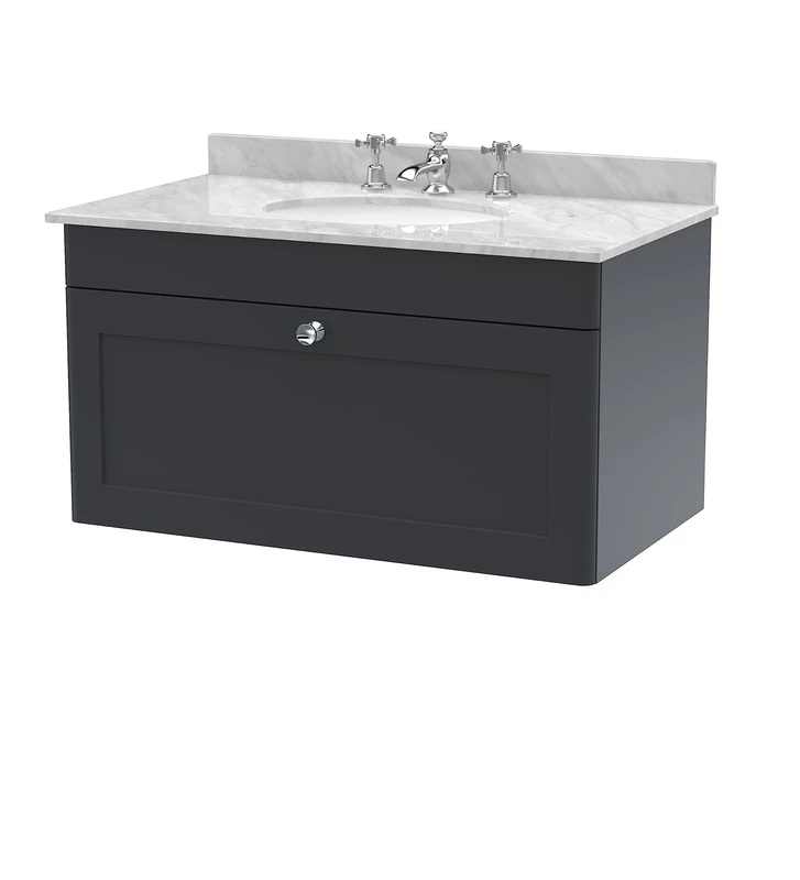 nuie CLC1496GR3 Classique Wall Hung 1 Drawer Unit & 3 Tap Hole Marble Worktop with Round Basin, 800mm, Satin Anthracite/Grey, Soft Black