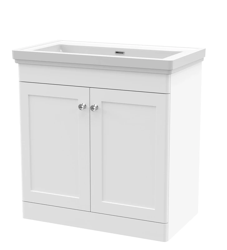 nuie Floor Standing 2 Door Vanity Unit & 0 Tap Hole Fireclay Basin, 800mm, Satin White, Small