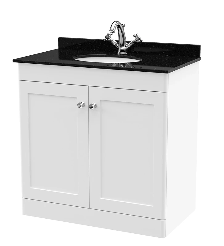nuie CLC126BR1 Classique Floor Standing 2 Door Unit & 1 Tap Hole Marble Worktop with Round Basin, 800mm, Satin White/Black