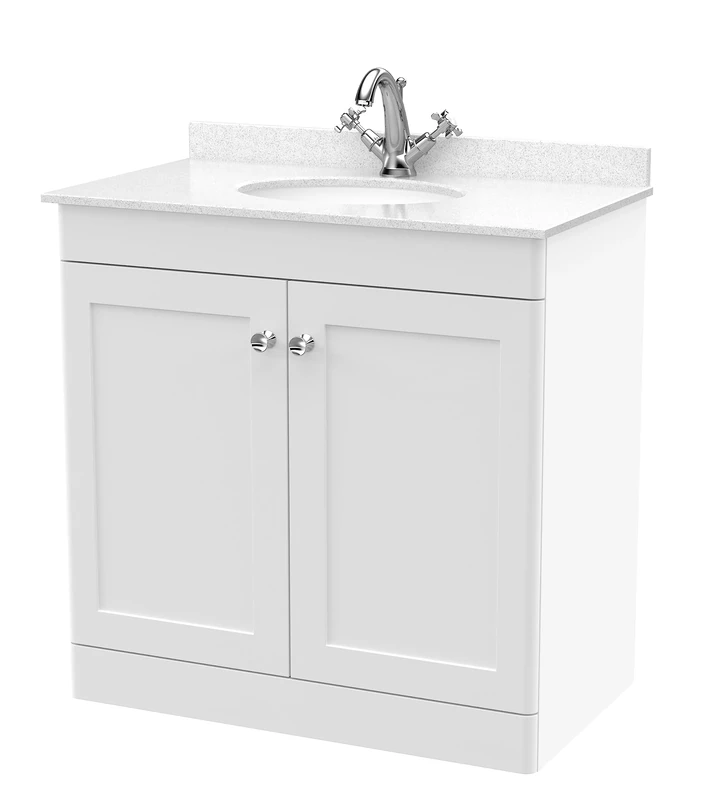 nuie Floor Standing 2 Door Unit & 1 Tap Hole Marble Worktop with Round Basin, 800mm, Satin White