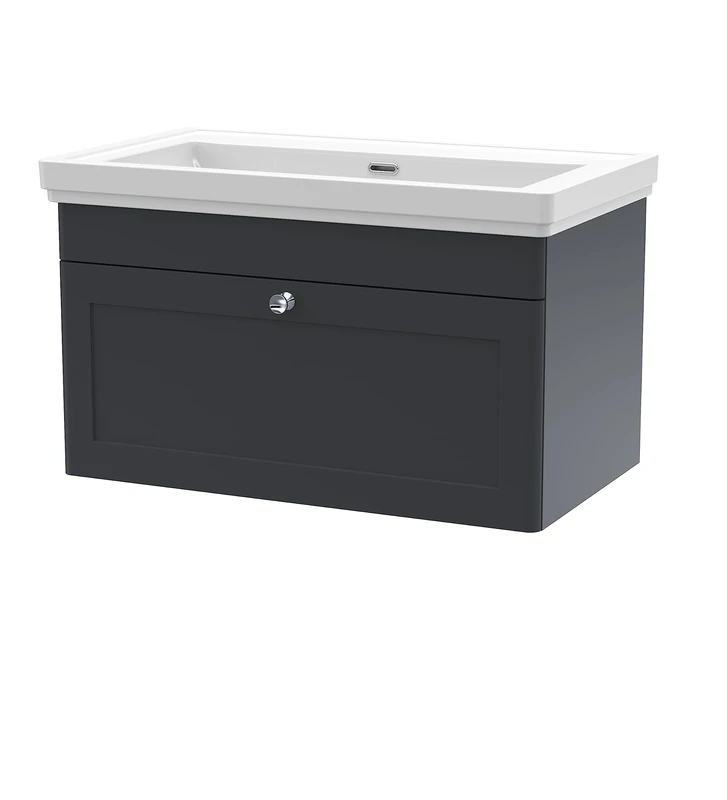 nuie CLC1496H Classique Traditional Bathroom Wall Hung 1 Drawer Vanity Unit & 0 Tap Hole Fireclay Basin, 800mm, Soft Black