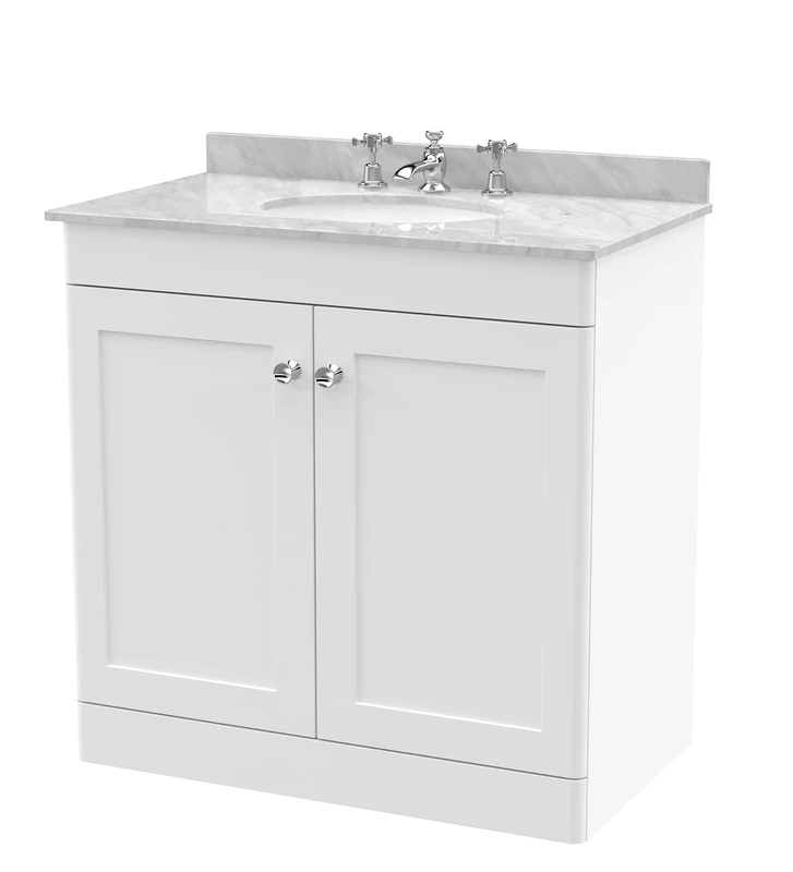 nuie Floor Standing 2 Door Unit & 3 Tap Hole Marble Worktop with Round Basin, 800mm, Satin White/Grey
