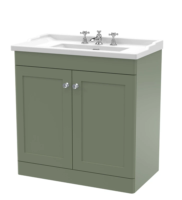 nuie CLC826G Classique Floor Standing 2 Door Vanity Unit & 3 Tap Hole Ceramic Basin, 800mm, Satin Green