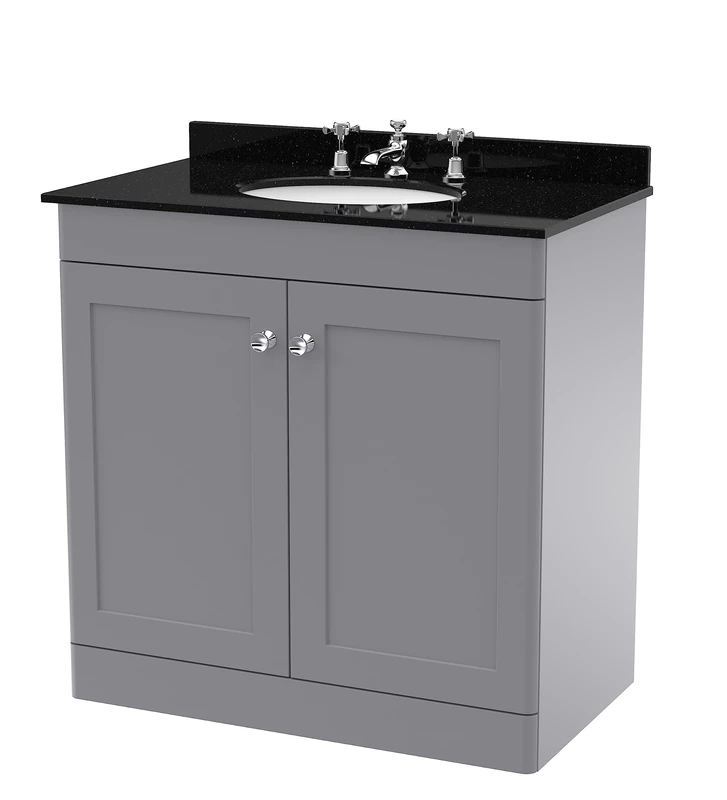 nuie CLC226BR3 Classique Floor Standing 2 Door Unit & 3 Tap Hole Marble Worktop with Round Basin, 800mm, Satin Grey/Black
