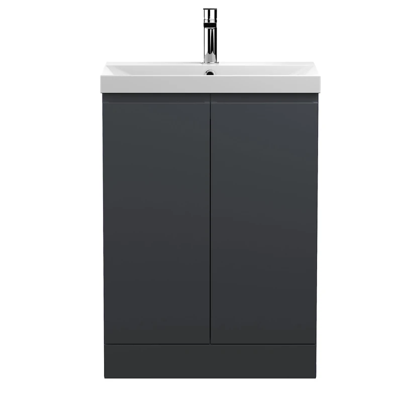 Hudson Reed URB1408D Urban Modern Bathroom Floor Standing 2 Door Bathroom Vanity Unit & Thin-Edge Ceramic Basin, 600mm, Soft Black